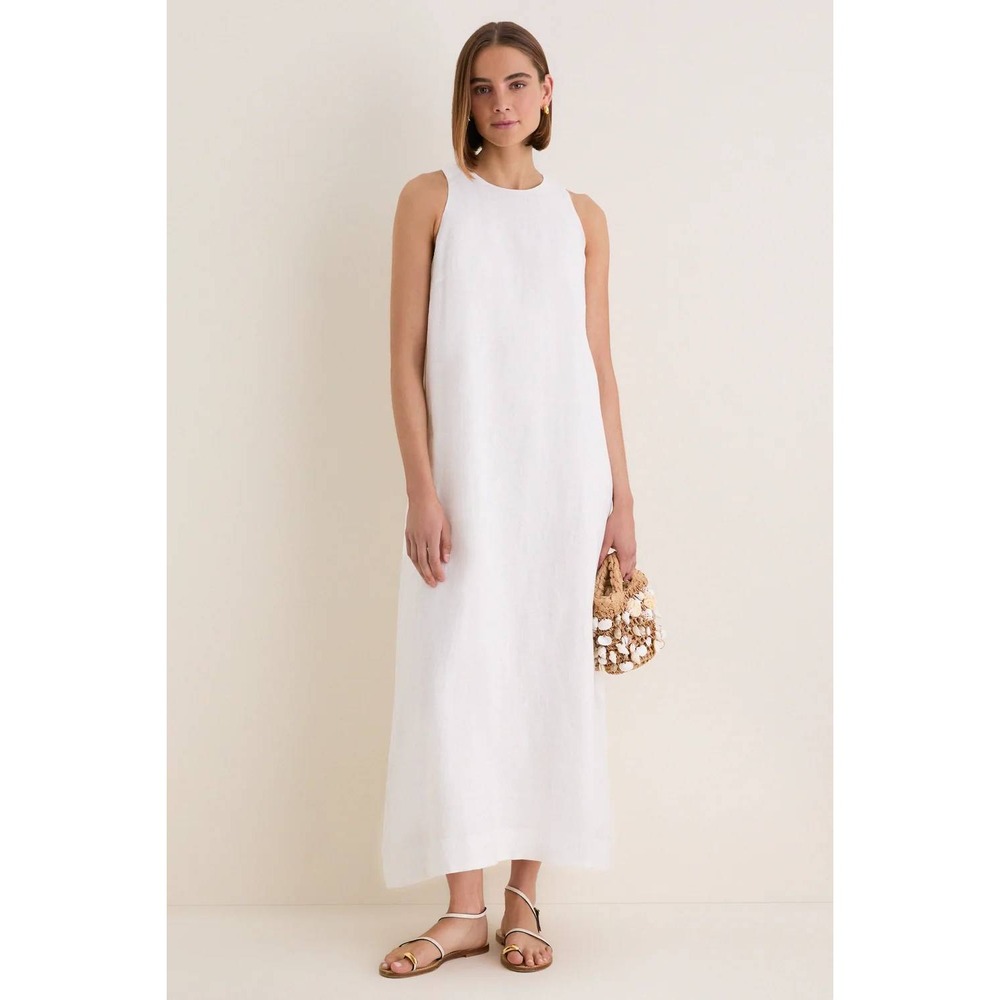 Tuckernuck White Portia Maxi Dress Size Small Linen Bow Back NWT Coastal Resort